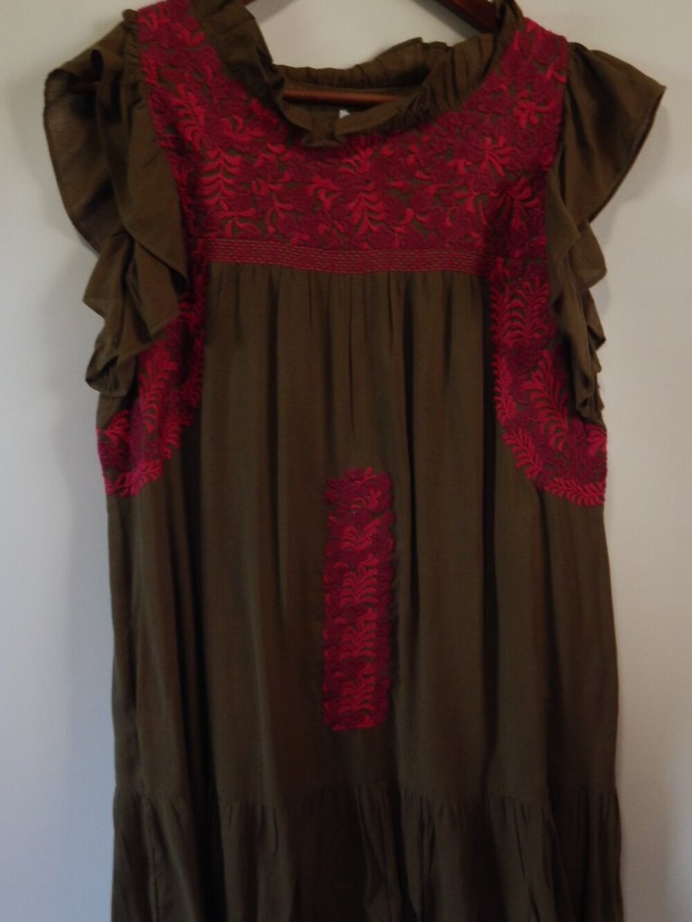 J.Marie Olive Green Embroidered Tiered Dress Size M